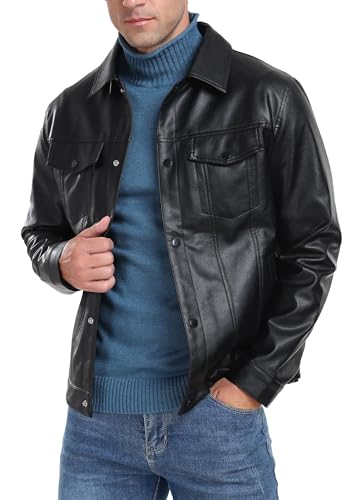 Sailwind Herren Leather Jacket Reverskragen Motorradjacke Druckknopf Kunstlederjacke Bomberjacken Mantel (Schwarz, M) von Sailwind