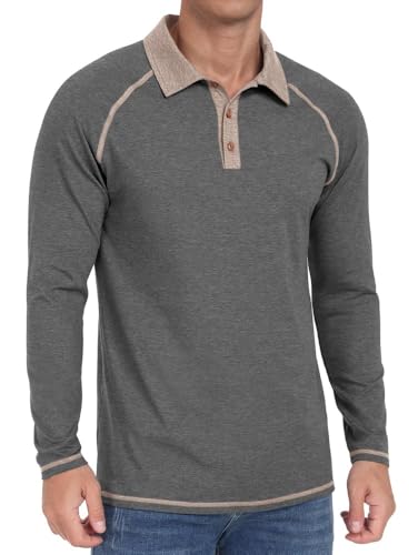Sailwind Herren Poloshirt Langarm Baumwolle 3 Tasten Klassisch Golf T-Shirts Leichtes Männer Langarmshirt Lässige Raglan-Ärmel Golf-Shirts (Dunkelgrau Vielfältig, 2XL) von Sailwind