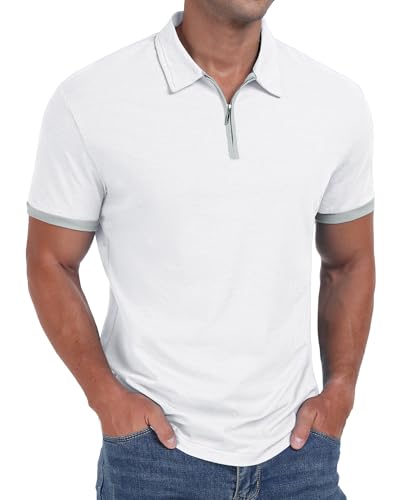 Sailwind Herren Poloshirts Kurze Ärmel Reißverschluss Muskel Fit T-Shirts Für Männer Erwachsene Bequeme Herren Tops (Weiß, XXL) von Sailwind