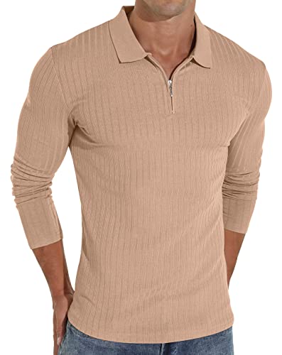 Sailwind Herren Poloshirts Langarm Gestrickter Strick Atmungsaktiver Reißverschluss Rippstrick Casual Bequeme Arbeit Revers Slim Fit Rippstrick Zip T-Shirs Khaki (Khaki, XL) von Sailwind