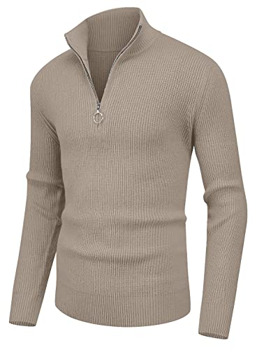 Sailwind Herren Pullover 1/4 Zip Polo Hals Pullover Für Männer Langarm Oberteile Gerippte Schildkröte Hals Viertel Zip Strickwaren Pullover (Khaki, XL) von Sailwind