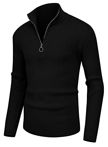 Sailwind Herren Pullover 1/4 Zip Polo Hals Pullover Für Männer Langarm Oberteile Gerippte Schildkröte Hals Viertel Zip Strickwaren Pullover (Schwarz, XL) von Sailwind