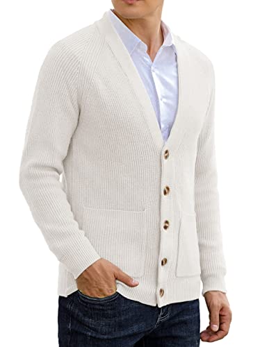 Sailwind Herren Strickjacke Pullover Cardigan V Ausschnitt Winterjacke Klassischer Warme Langarm Strickjacken Mit Knöpfe Und Taschen (Weiß,S) von Sailwind