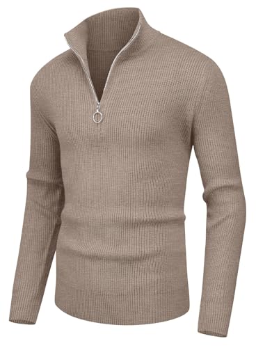 Sailwind Herren Strickpullover 1/4 Reißverschluss Pullover Für Männer Langarm Pullover Gerippte Schildkröte Hals Viertel Zip Strickwaren (Wüste Khaki, L) von Sailwind