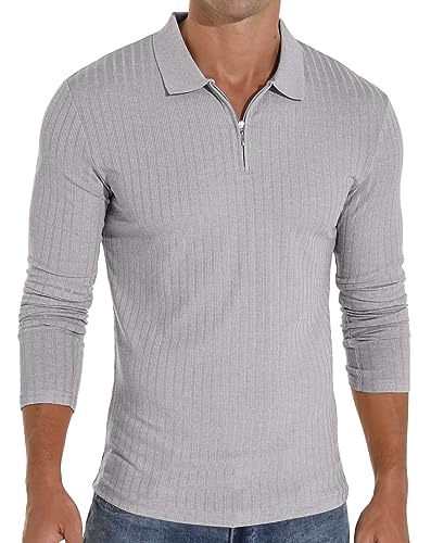 Sailwind Männer Poloshirts Langärmeliger Gestrickter Mit Atmungsaktivem Elastischer Bequeme Reißverschluss,Lässiger Und Bequemer Rippstrick Zip T-Shirs Gray (Grau, XXL) von Sailwind