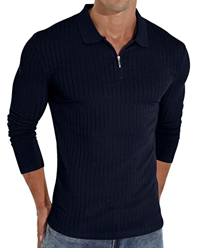 Sailwind Männer Poloshirts Langarm Strick Atmungsaktiver Reißverschluss Rippstrick Casual Bequeme Arbeit Revers Slim Fit Rippstrick Zip T-Shirs Navy Blue (Marineblau, XXL) von Sailwind