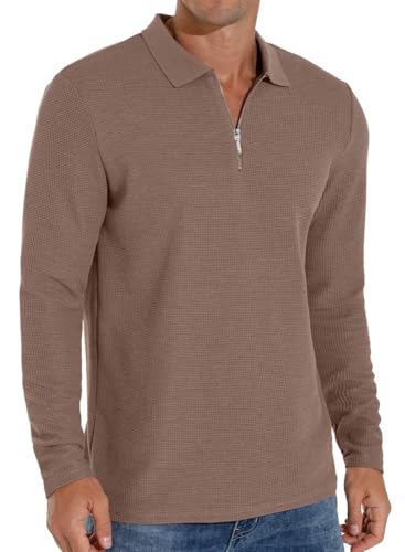 Sailwind Poloshirt Herren Langarm Waffel Lässiges T-Shirt Mit Viertelreißverschluss Gemütliche Atmungsaktiv Hautfreundlich T-Shirt Mit V-Ausschnitt Für Männer (Dunkles Khaki, S) von Sailwind