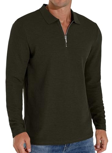 Sailwind T Shirt Herren Waffel Lässiges T-Shirt Mit Viertelreißverschluss Gemütlich Urlaub Herbst Langarm Gestrickt Poloshirts Für Männer (Armee Grün, M) von Sailwind