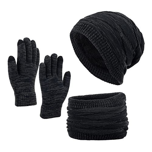 3 Stück Kinder Wintermützen Handschuhe Schal Set Beanie Mütze Warme Gestrickte Touchscreen-Handschuhe Loop WinterSchlauchschal für Jungen Mädchen 5-12 Jahre Outdoor (01#marine, Einheitsgröße) von Saingace