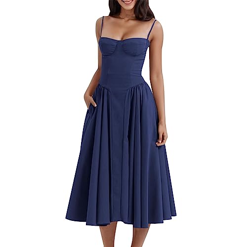 Abendkleid Elegant für Hochzeit A Linie Cocktailkleid Damen Lang Chiffon Abschlusskleid V-Ausschnitt Spitzenkleid (01#blau, S) von Saingace