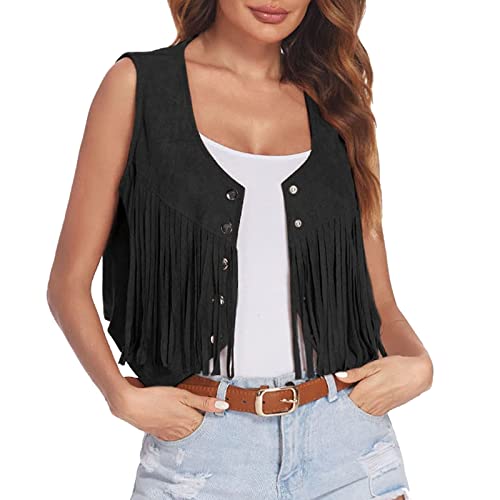 Fransenweste für Damen Wildlederimitat Vintage-Weste ärmellos 70er-Jahre-Hippie-Kleidung Boho-Westernjacke Ärmellose Sommer-Western-Denim-Punk-Cardigan-Jacke für Damen mit Fransen (01#schwarz, M) von Saingace