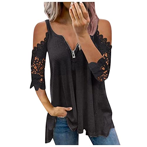 Oberteil Damen Sexy Schicke Oberteile Spitze Kurzarm V-Ausschnitt Zipfel Henley Shirt Locker Falton Top Sommer A-Linie Tunika Lang 02# von Saingace