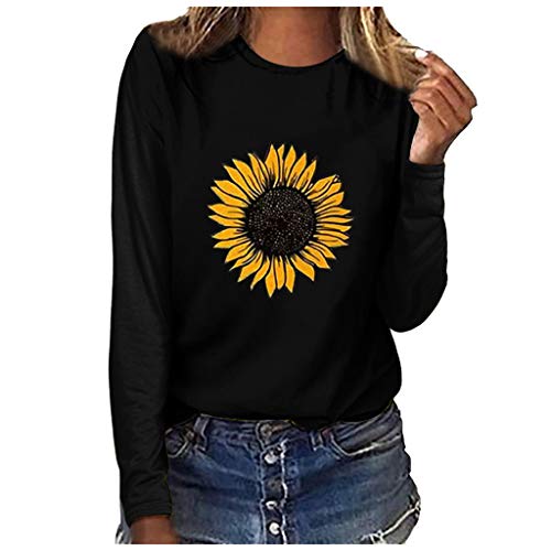 Saingace Bedrucktes T-Shirt-Oberteil Sonnenblumen-Pullover O-Ausschnitt Sweatshirt Bluse Ärmel Lange Damen-Bluse Damen bedrucktes Langarm-Sweatshirt mit O-Ausschnitt und Sonnenblumen-Aufdruck von Saingace