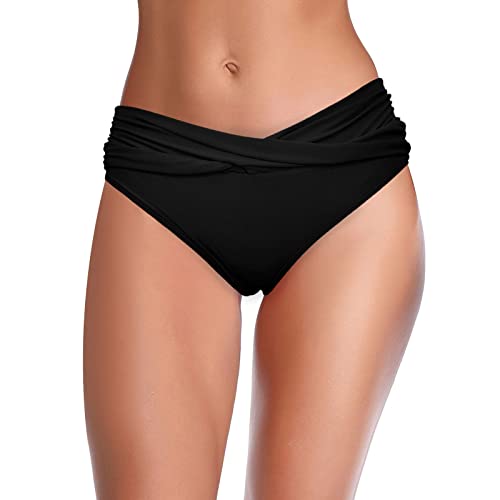 Saingace Damen Bikinihose Bauchweg High Waist Badeshorts Schwarz Retro Ruched Badehose Bikini Hosen Vorne überkreuzter Badeanzug mit Rüschen Unterteil Bikinislip für Frauen (Schwarz, L) von Saingace