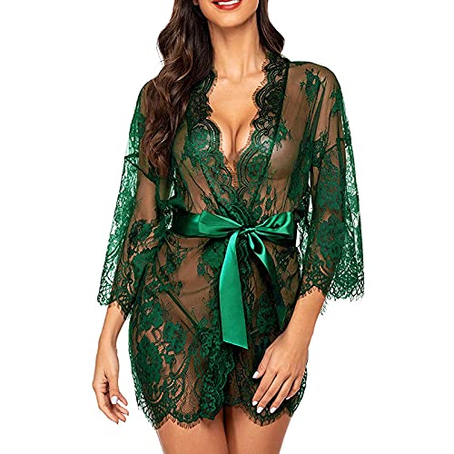 Saingace Damen Dessous Kleid Lang Kimono Spitze Negligee Nachtwäsche Transparente Robe Set Cardigan mit Gürtel und G-String Bikini Cover up (Grün, XL) von Saingace