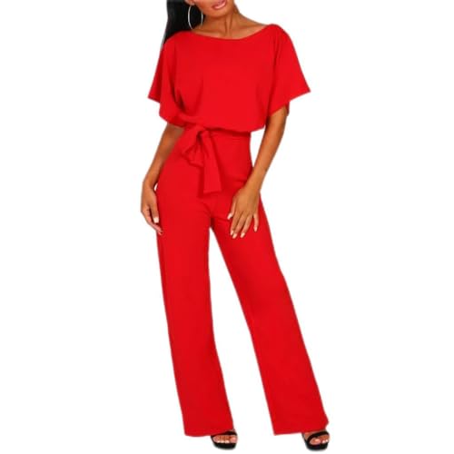 Saingace Damen Elegant Jumpsuit Overall Hosenanzug Playsuit Romper Festlich O-Ausschnitt Sommer (Rot, XXL) von Saingace