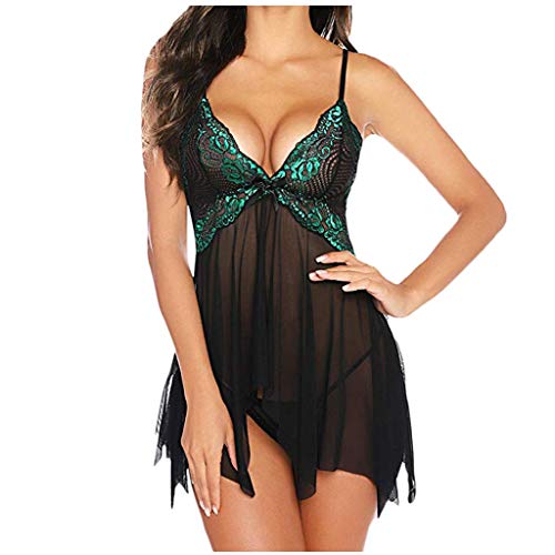 Saingace Damen Negligee Babydoll Sexy Dessous Set Spitze Reizwäsche Body Suit Erotisch Lingerie S-XXXL (Grün, 3XL) von Saingace