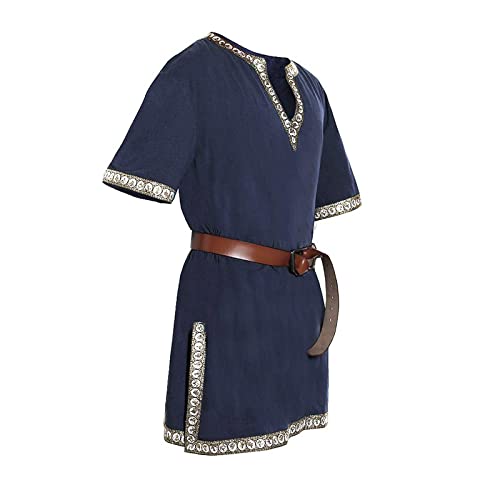 Saingace Herren Mittelalter Tunika Ailrik mit Bordüre Männer Männer Kurzarm Wikinger Hemd Kriege Verkleidung für Karneval (Blau, 4XL) von Saingace