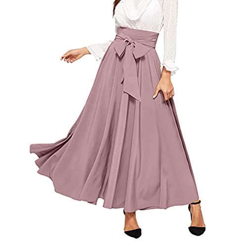 Saingace Lang Gedruckter Rock Damen Bohemien Maxirock Kleid Urlaub Sommerrock Strandkleider Eleganter Rock mit hoher Taille,Große Schleife Bindeband Plissierter Langer Rock (Rosa, XL) von Saingace