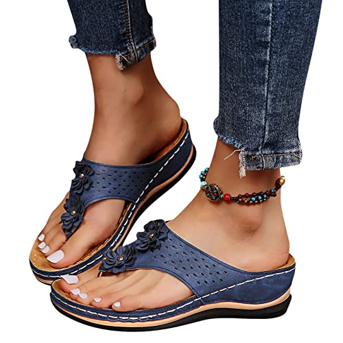 Sandalen Damen Sommer Flip Flops Flach Zehentrenner Damen Sandalen Frauen Bohemian Damen Zehentrenner Leder Sommer Sandalen mit Keilabsatz Freizeit Beach Flip Flops (Blau, 40) von Saingace