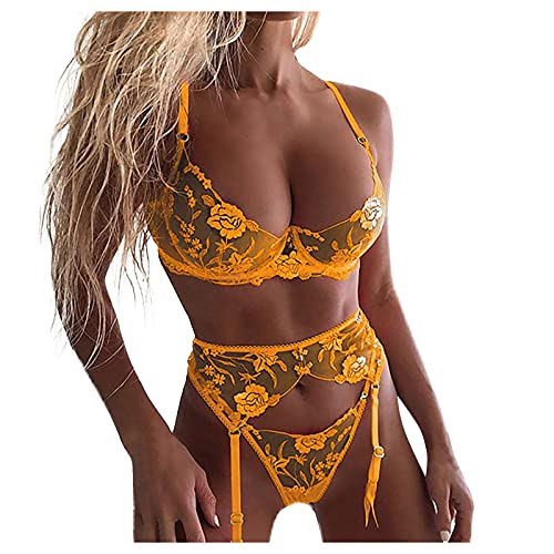 Sexy Damen Dessous Set Damen Sexy Unterwäsche Set Halfter Unterwäsche Set String und Neckholder BH Dessous Sets Frauen Lingerie Sex Set Reizwäsche Erotick Wäsche tiefer Ausschnitt (Gelb, L) von Saingace