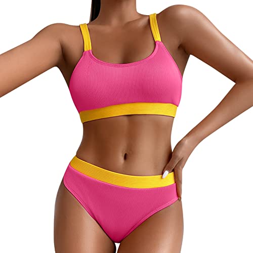 Sport Bikini Damen Gepolstert Push Up Bikini Set Gerippte Bustier Breite Träger Bikinis Bademode Strandmode Sportlich High Waist Bikini-Sets für Damen Zweiteiliger Badeanzug Swimsuit (B, M) von Saingace