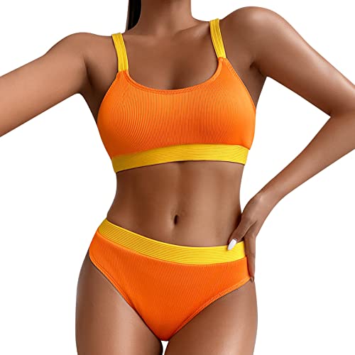 Sport Bikini Damen Gepolstert Push Up Bikini Set Gerippte Bustier Breite Träger Bikinis Bademode Strandmode Sportlich High Waist Bikini-Sets für Damen Zweiteiliger Badeanzug Swimsuit (C, XL) von Saingace