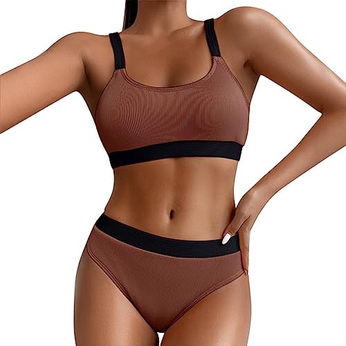 Sport Bikini Damen Gepolstert Push Up Bikini Set Gerippte Bustier Breite Träger Bikinis Bademode Strandmode Sportlich High Waist Bikini-Sets für Damen Zweiteiliger Badeanzug Swimsuit von Saingace