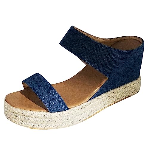 Wedges Toe Slip On Sommer Offene Strandsandalen Damen Atmungsaktive Stroh Freizeitschuhe Atmungsaktive große Damen Sandalen mit Stroh Keilabsatz und offener Zehenpartie Größe 35–43 (01#blau, 39 EU) von Saingace