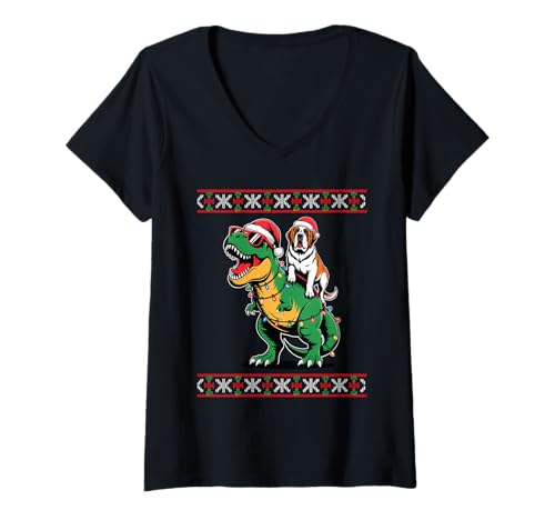 Damen Christmas Saint Bernard T-Rex Dinosaur St. Bernard T-Shirt mit V-Ausschnitt Damen Christmas Saint Bernard T-Rex Dinosaur St. Bernard T-Shirt mit V-Ausschnitt von Saint Bernard Dog Lover Gifts