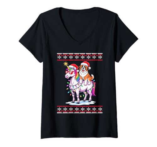 Damen Christmas Saint Bernard Unicorn Sunglasses St. Bernard T-Shirt mit V-Ausschnitt Damen Christmas Saint Bernard Unicorn Sunglasses St. Bernard T-Shirt mit V-Ausschnitt von Saint Bernard Dog Lover Gifts