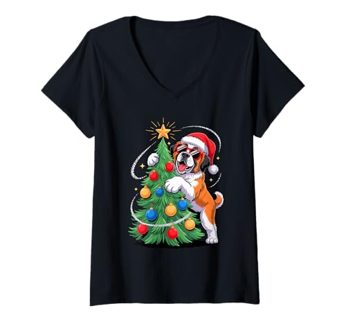 Damen Christmas Tree Saint Bernard Sunglasses St. Bernard T-Shirt mit V-Ausschnitt Damen Christmas Tree Saint Bernard Sunglasses St. Bernard T-Shirt mit V-Ausschnitt von Saint Bernard Dog Lover Gifts