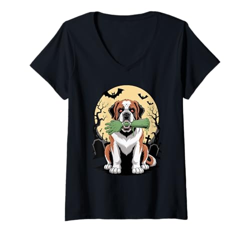 Damen Halloween Mond Zombie Saint Bernard St. Bernard T-Shirt mit V-Ausschnitt Damen Halloween Mond Zombie Saint Bernard St. Bernard T-Shirt mit V-Ausschnitt von Saint Bernard Dog Lover Gifts