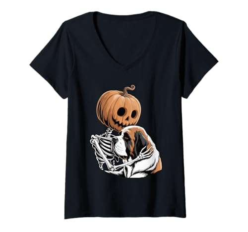 Damen Halloween Skeleton Saint Bernard St. Bernard T-Shirt mit V-Ausschnitt Damen Halloween Skeleton Saint Bernard St. Bernard T-Shirt mit V-Ausschnitt von Saint Bernard Dog Lover Gifts