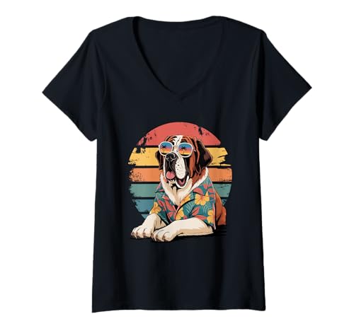 Damen Saint Bernard Dog Sonnenbrille Hawaii Strand Sommer T-Shirt mit V-Ausschnitt Damen Saint Bernard Dog Sonnenbrille Hawaii Strand Sommer T-Shirt mit V-Ausschnitt von Saint Bernard Dog Lover Gifts