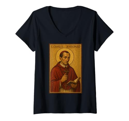 Damen Römisch katholische Ikone von Saint Charles Borromeo T-Shirt mit V-Ausschnitt von Saint Charles Borromeo Icons & Co.