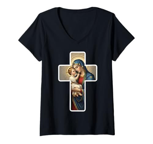 Damen Heilige Maria mit Jesuskind Christus Santa Maria Kreuz Ikone T-Shirt mit V-Ausschnitt von Saint Mary Baby Jesus Christ Cross Icon Products