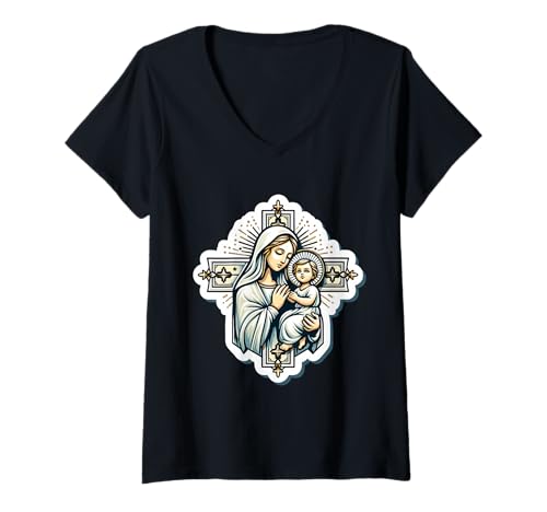 Damen Heilige Maria mit Jesuskind Christus Santa Maria Kreuz Panagia T-Shirt mit V-Ausschnitt von Saint Mary With Baby Jesus Christ Cross Products