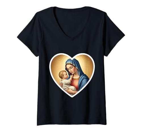 Damen Heilige Maria mit Jesuskind Christus Santa Maria Panagia Ikone T-Shirt mit V-Ausschnitt Damen Heilige Maria mit Jesuskind Christus Santa Maria Panagia Ikone T-Shirt mit V-Ausschnitt von Saint Mary With Baby Jesus Christ Icon Products