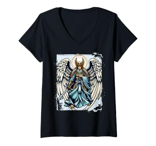 Damen Engelskrieger Kostüm Heiliger Michael Erzengel Michael T-Shirt mit V-Ausschnitt Damen Engelskrieger Kostüm Heiliger Michael Erzengel Michael T-Shirt mit V-Ausschnitt von Saint Michael Archangel Michael Christian Angels