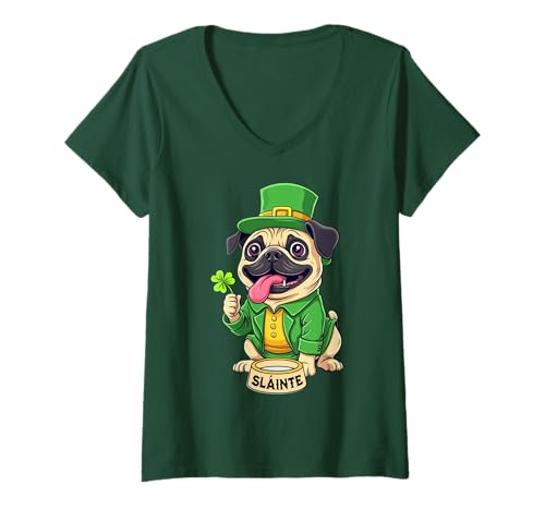 Damen Mops Saint Patricks Day Outfit Pug T-Shirt mit V-Ausschnitt von Saint Patricks Day Mops Kostüm
