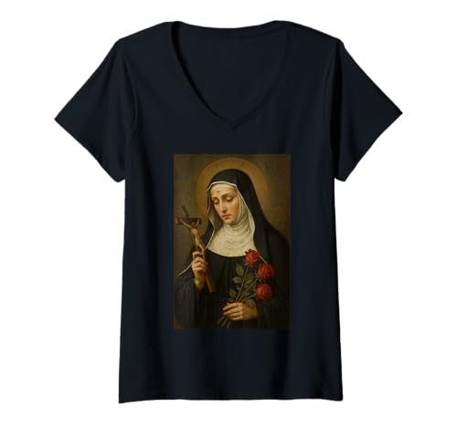 Damen Römisch katholische Ikone der St. Rita von Cascia T-Shirt mit V-Ausschnitt Damen Römisch katholische Ikone der St. Rita von Cascia T-Shirt mit V-Ausschnitt von Saint Rita von Cascia Icon & Co.