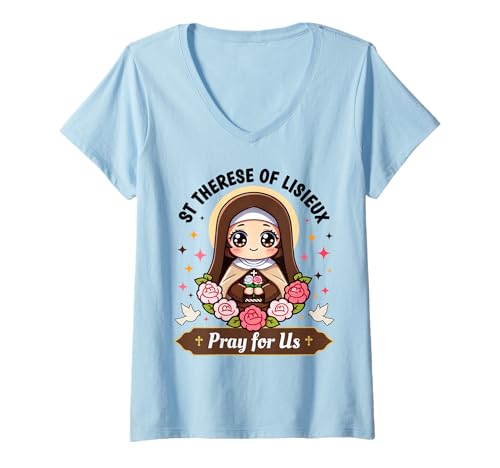 Damen St. Therese von Lisieux Bitte für Uns Katholische Rosen für Kinder T-Shirt mit V-Ausschnitt Damen St. Therese von Lisieux Bitte für Uns Katholische Rosen für Kinder T-Shirt mit V-Ausschnitt von Saint Thérèse of Lisieux Christian Creationz