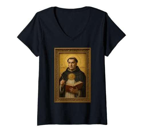 Damen Christliche katholische Ikone von Saint Thomas Aquinas T-Shirt mit V-Ausschnitt Damen Christliche katholische Ikone von Saint Thomas Aquinas T-Shirt mit V-Ausschnitt von Saint Thomas Aquins Icon & Co.