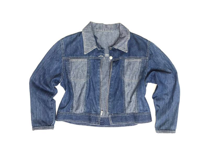 90Er Jahre Vintage Chambray Panelled Jacke | Boxy Fit Denim Reißverschluss Retro-Denim-Mantel von SaintExVintage