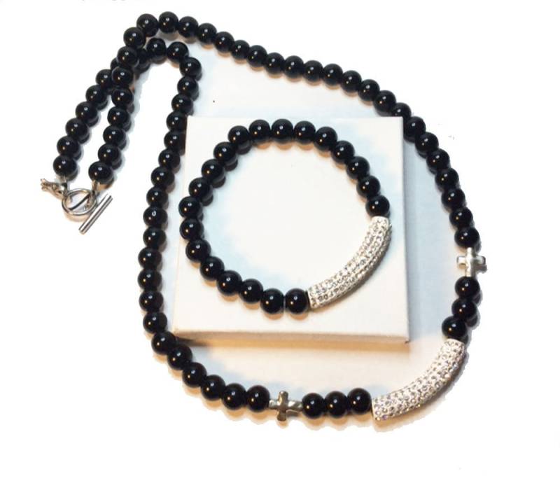 Schwarzer Onyx, Halsketten Set, Christlicher Schmuck, Religiöser Männerschmuck, Frauenschmuck, Weihnachtsgeschenk, Geschenke Für Sie, Armband Set von SaintLaFon