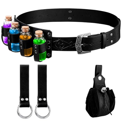 Saintrygo Mittelalterliche Alchemie-Gürteltasche aus Kunstleder mit 4 Kork-Fläschchen, nordischer tragbarer Münzrock, Wander-Hüfttasche, Schwarz, Einheitsgröße von Saintrygo