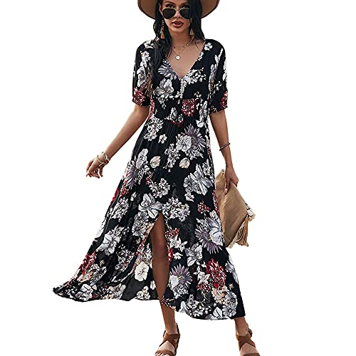 Saiqigui Damen Sommer Kurzarm V-Ausschnitt Floral Casual Maxi Lang Kleid Strand Boho Stil, Schwarz, X-Large von Saiqigui