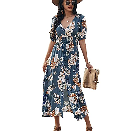 Saiqigui Damen Sommer Kurzarm V-Ausschnitt Floral Casual Maxi Lang Kleid Strand Boho Stil, blau, L von Saiqigui