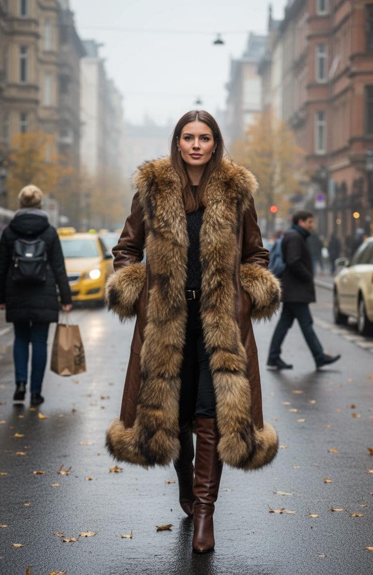 Handgefertigter Echter Damenledermantel - Damenbrauner Langer Trench Mit Natürlichem Fuchspelz von SaisLeather